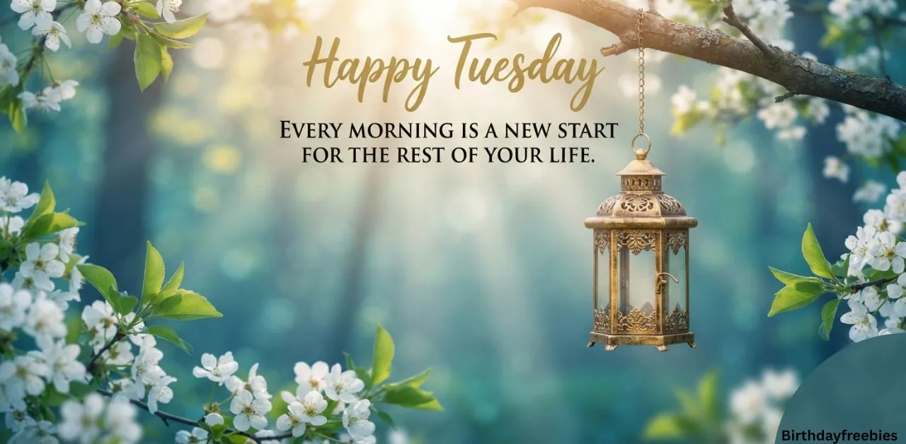 "A peaceful morning scene with white blossoms and green leaves framing a glowing, antique gold lantern hanging from a branch. Text at the top reads: 'Happy Tuesday. EVERY MORNING IS A NEW START FOR THE REST OF YOUR LIFE.'"