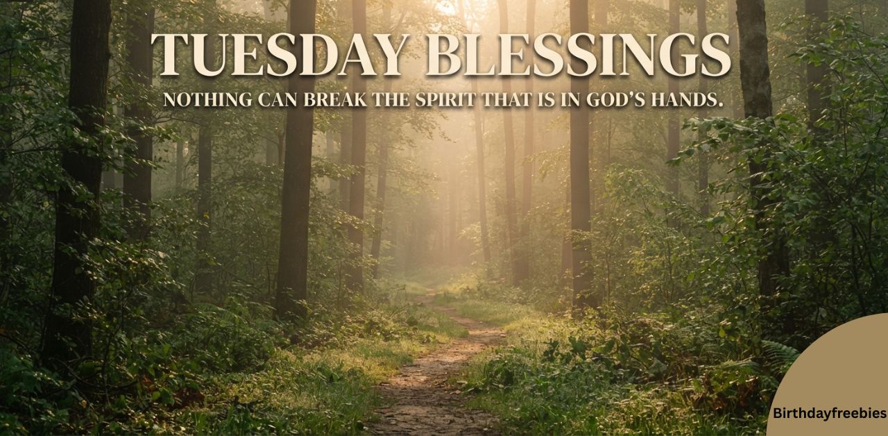 "A peaceful forest scene with morning mist and sunlight filtering through the trees, featuring a winding path. At the top, white text reads 'TUESDAY BLESSINGS', followed by 'NOTHING CAN BREAK THE SPIRIT THAT IS IN GOD'S HANDS'."